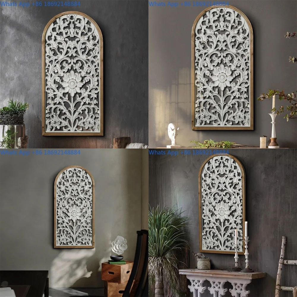 

French style wall decor aged wooden panel for restaurant or living room with hollow carved design suitable as a backdrop