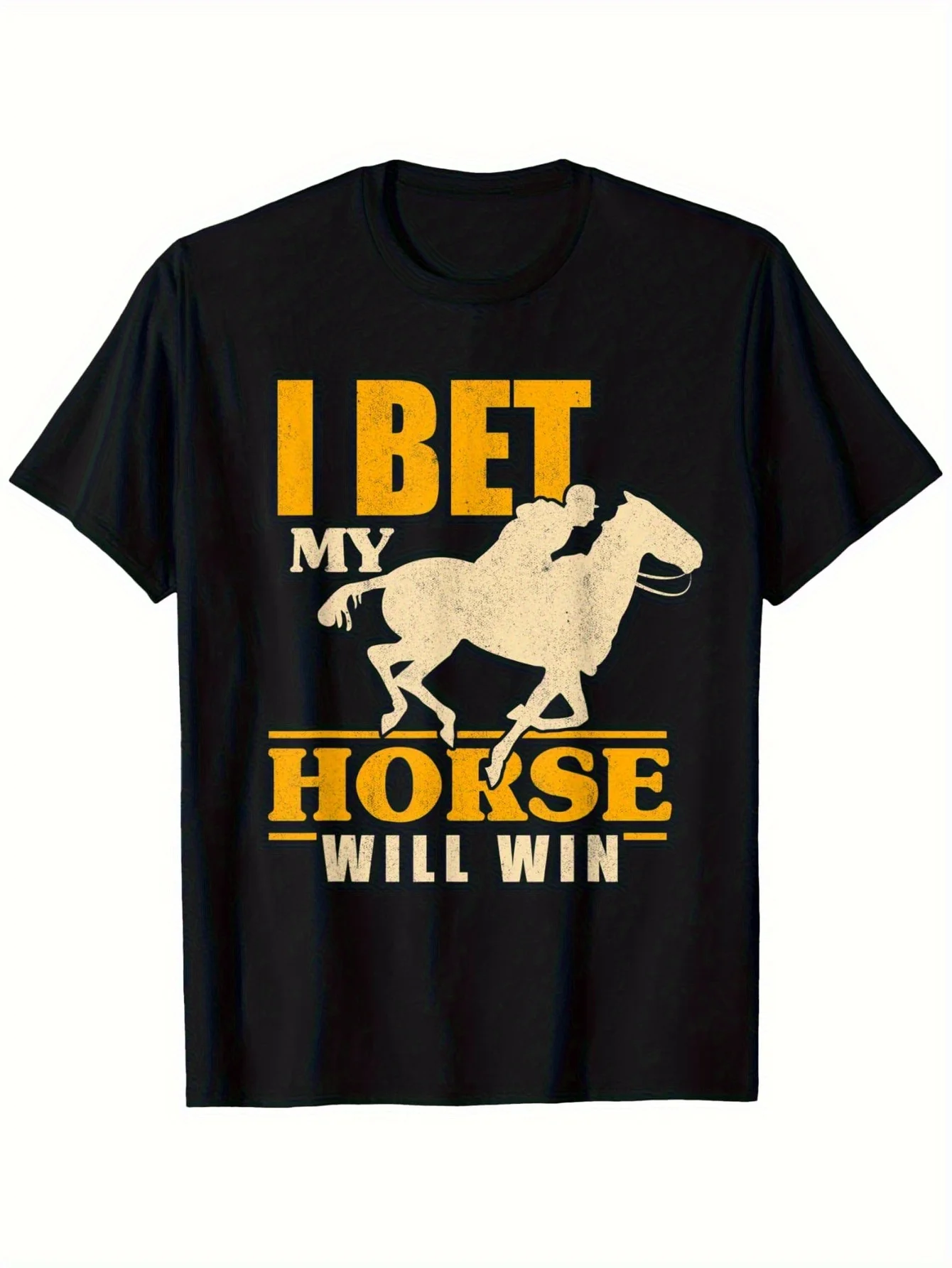 1pc, I Bet My Horse Will Win Horse Racing Betting T-Shirt - Unisex Men's Casual, Bold Yellow Text with Jockey Silhouette Graphic