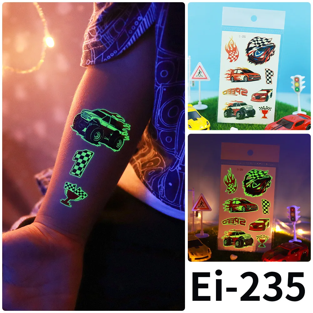 6pcs Fluorescent Racing Car Tattoo Stickers Glow in the Dark Arm Leg Decor kids race car theme Birthday party decoration Favors