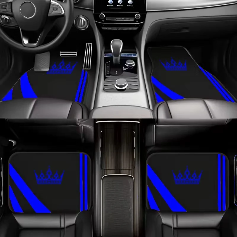 4pcs Set Pink/Red/Blue Crown Printed Car Floor Mats | Durable Polyester Interior Accessories, Universal Fit For Trucks, SUVs, Se