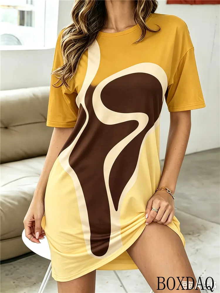 2026 Women's Multi color Abstract Pattern Printed Loose Dress Short Sleeve Round Neck Casual Summer Dresses