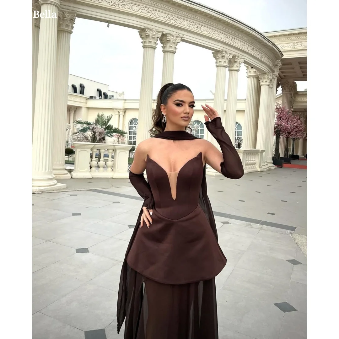 

Bella Customized Brown Long Silk Scarves Two-Piece Set robes de soirée Sleeves Side Slit Party Dresses Floor-Length Prom Dress