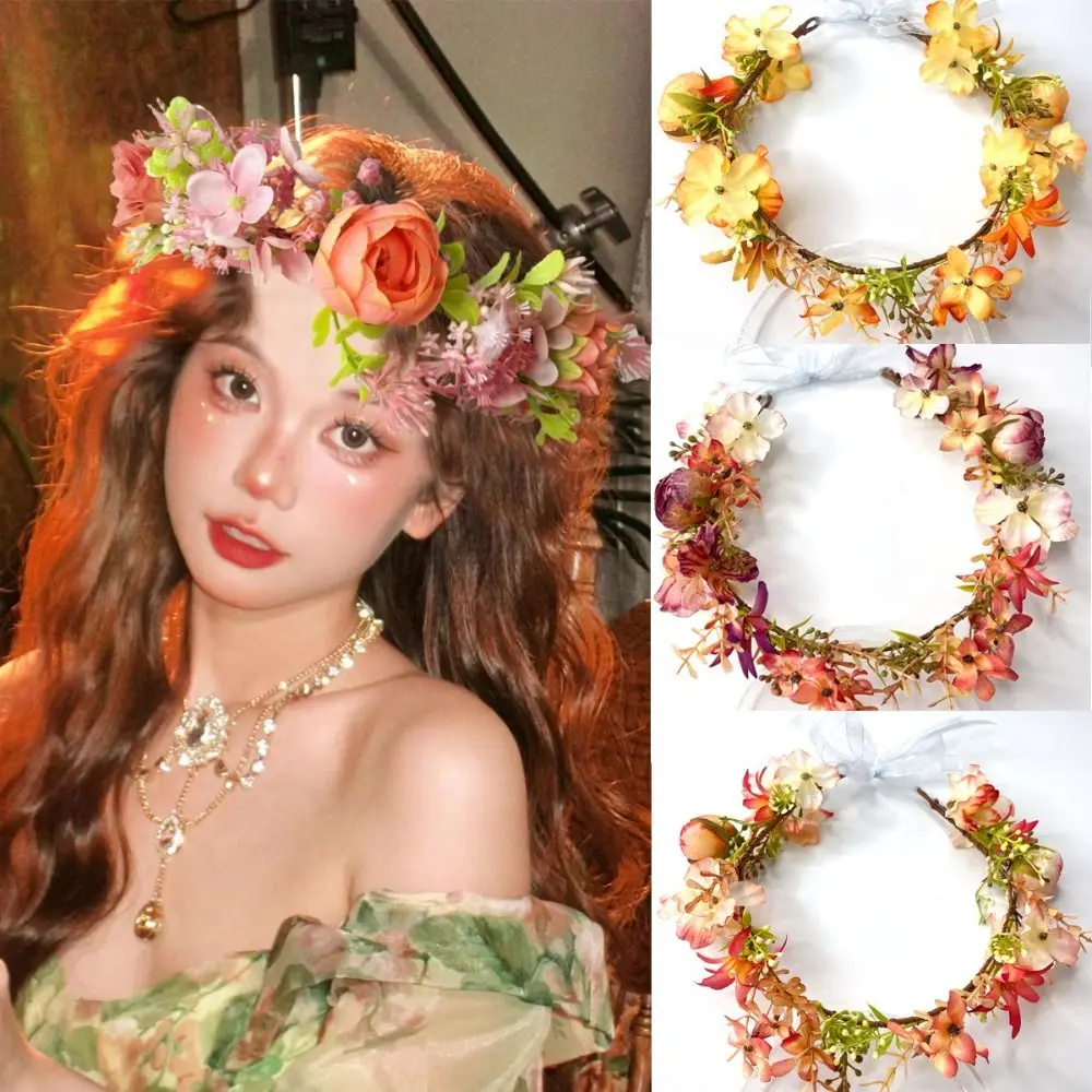 

Colorful Artificial Flower Wreath Headband Realistic with Ribbon Garland Head Hoop Handmade Spring Headpiece