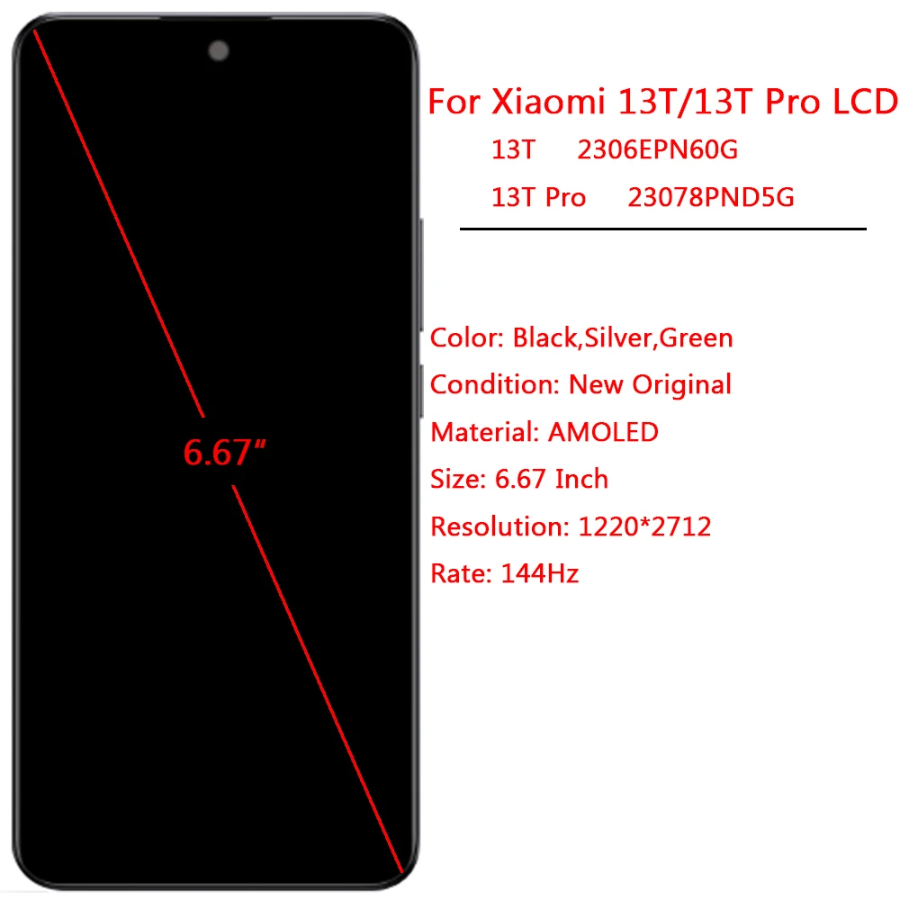 New Mi 13T Pro LCD AMOLED Original For Xiaomi 13T Display LCD Touch Screen With Frame Assembly Replacement Parts