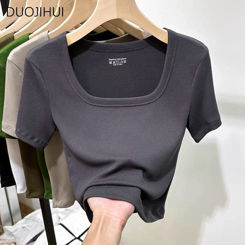 DUOJIHUI Green Sweet Square Neck Slim Waist Female T-shirts Summer Basic Solid Color Fashion Office Ladies Casual Women T-shirts