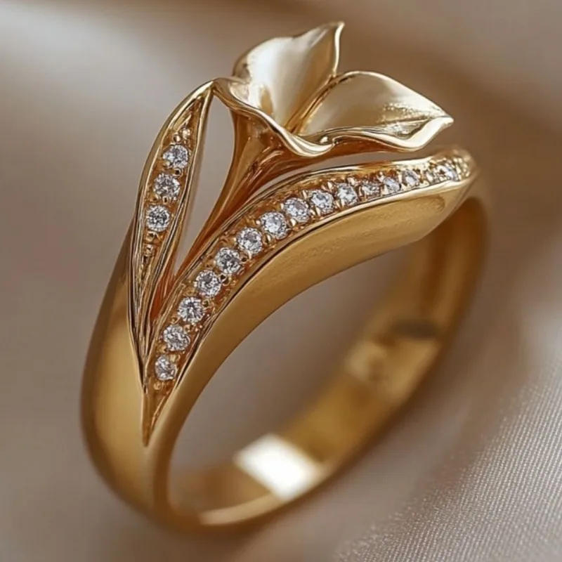 Wunderschöner eingelegter weißer CZ-Blumen-Damenring, minimalistisch, goldfarben, handgeschnitzt, für den täglichen Gebrauch, Party-Schmuck, Jubiläumsgeschenk