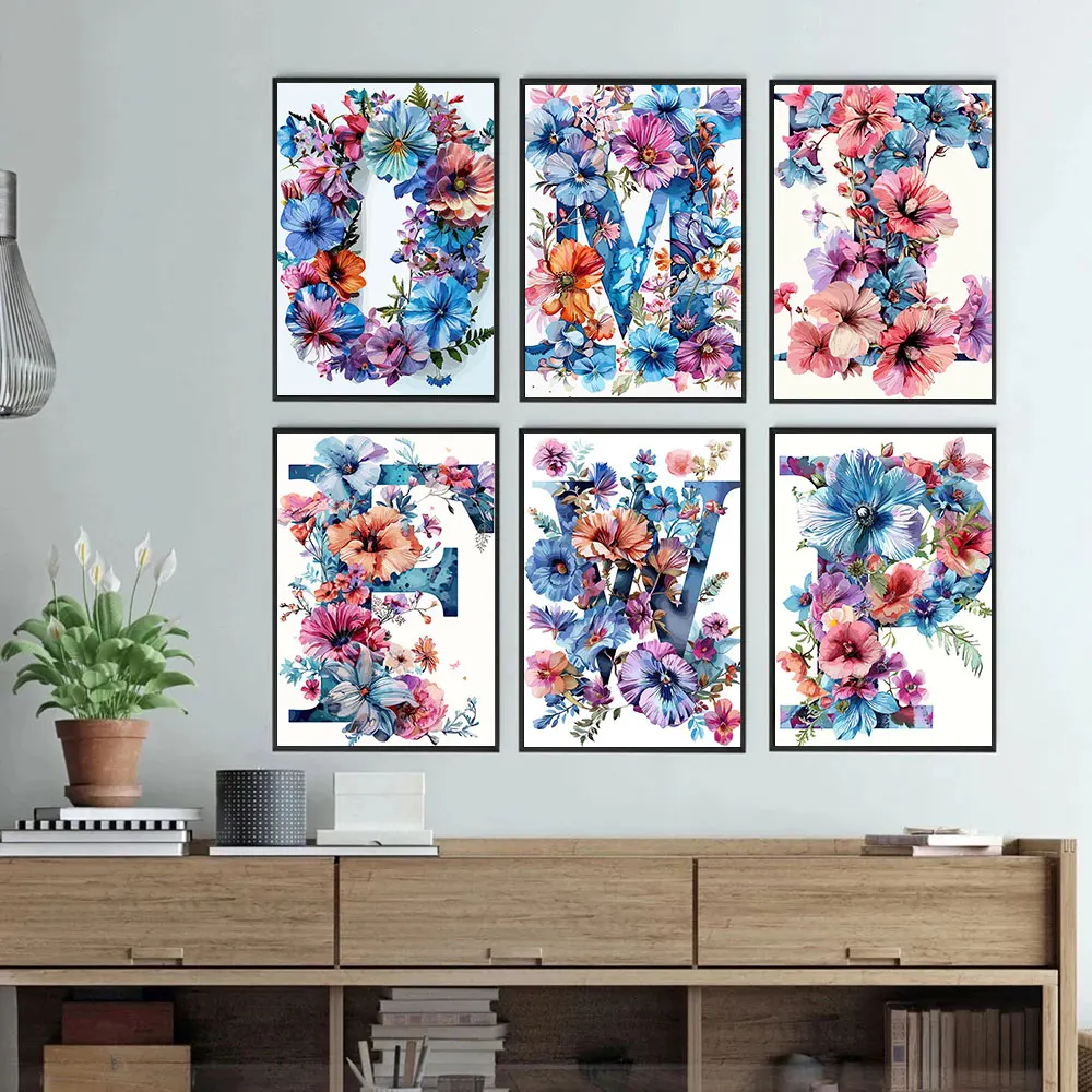 Flower Alphabet Wall Art Wreath Letters Canvas Painting Fashion Modern Aesthetic Poster Wall Pictures Home Decor For Living Room