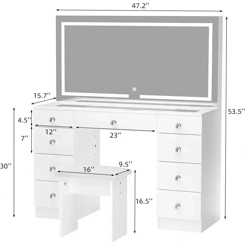 47 LED-Illuminated Glass Vanity Desk with 9 Drawers, Power Outlet, Adjustable 3-Color Lighting, and Cushioned Stool for Makeup