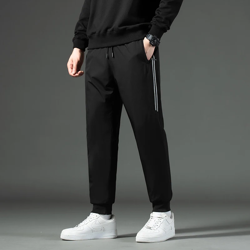 Men's Autumn Winter Solid Elastic Waist Drawstring Zipper Shirring Pockets Stripes Casual Sports Harlan Trousers Loose Pants