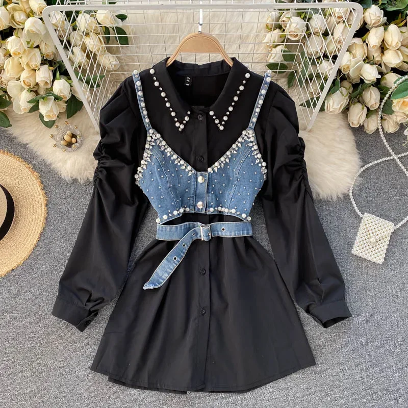 Spring 2023 New Temperament Blouse Female Lapel Beaded Stacking Bead Blusa Sling Waistcoat C Fashion Two-piece Shirt Dropship OI