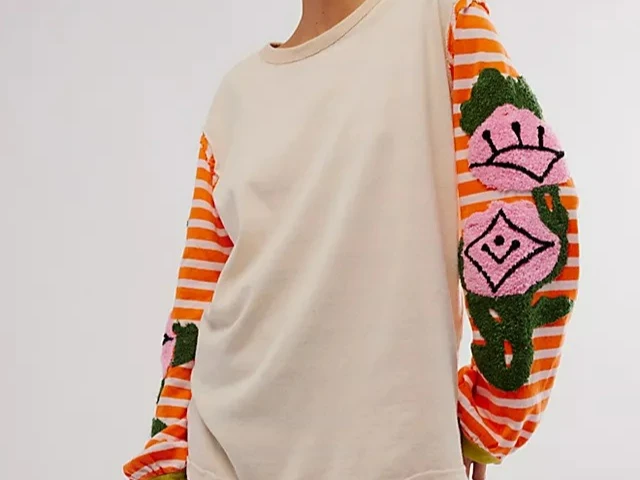 Hoodie Bordir Motif Duri Mawar dengan Kombinasi Warna Garis dan Kontras, Kemeja Lengan Panjang Musim Gugur dan Musim Dingin 2025