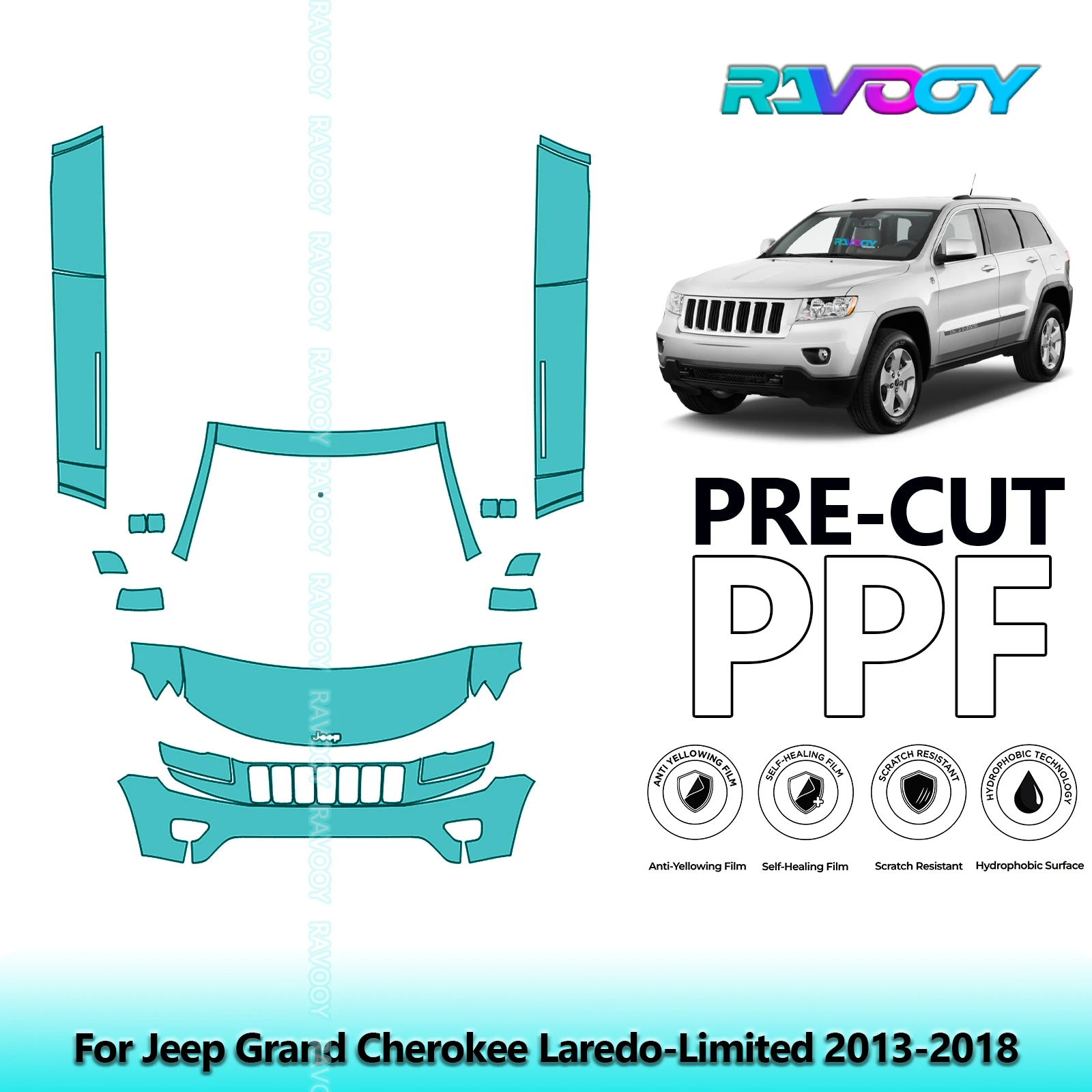 RAVOOY 8.5Mil Custom-Fit Precut TPU PPF Front Kit+Rockers Clear Bra Stone Guard For Jeep Grand Cherokee Laredo-Limited 2013-2018