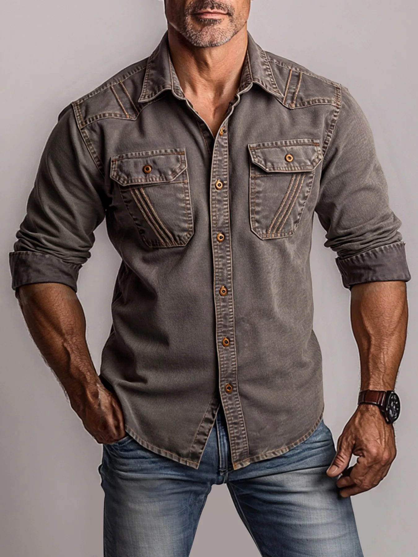Men's Retro Washed Grey Denim Shirt in Workwear Style - American Western Inspired Topstitch Detailing, Double Patch Pocket Long Sleeve Casual Shirt, Vintage Hand-Washed Denim Shirt Design, Versatile Layering Essential for Men's Daily Commute
