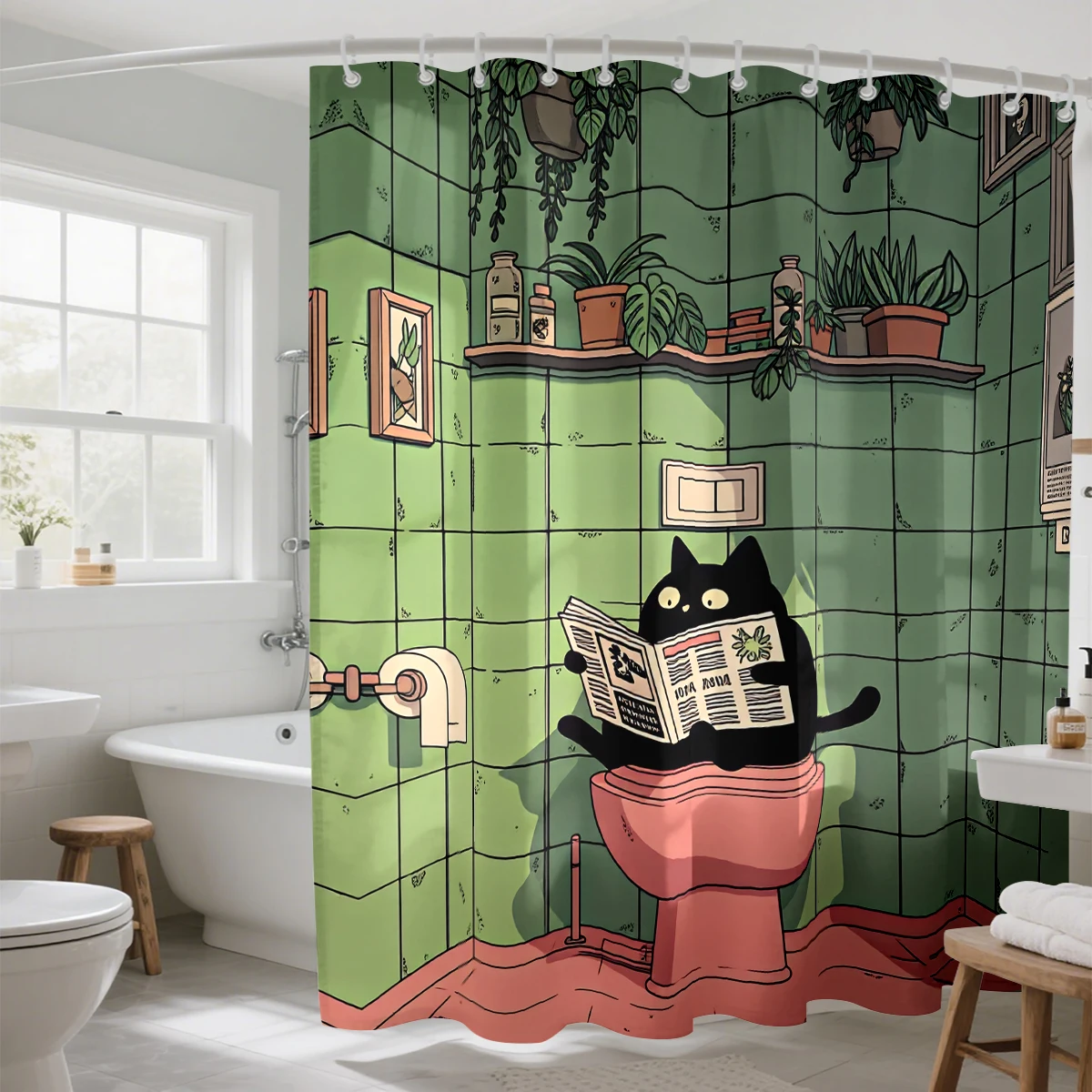 1PC Retro Bathroom Newspaper Reading Black Cat Shower Curtain, Waterproof Shower Curtain, Partition and Privacy Hanging Curta view 6