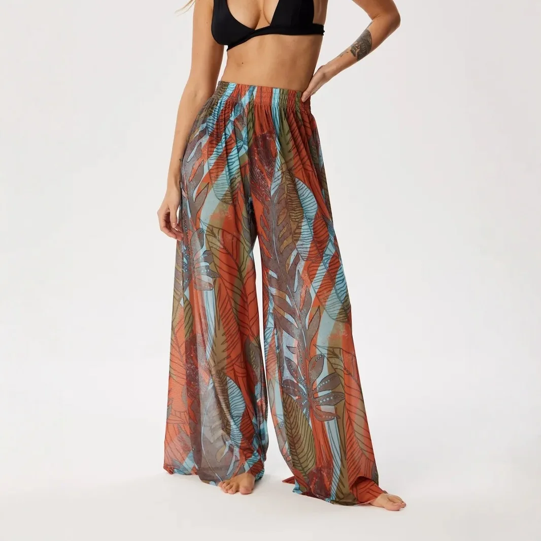

2025 Womens High Waisted Chiffon Pants Russian Euro American Sexy Casual Wide Leg Trousers Summer Fashion