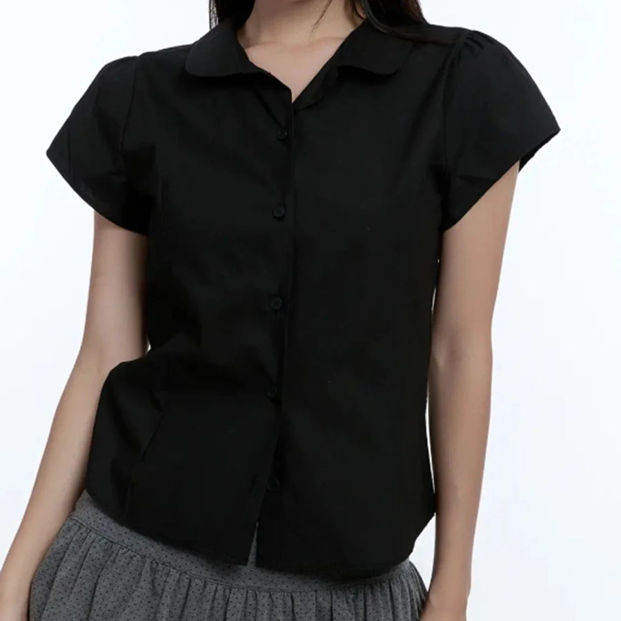 Y2K 셔츠 여성용 버튼 다운 셔츠 캐주얼 슬림핏 스타일리시한 솔리드 컬러 턴다운 칼라 반소매 탑 여름용
