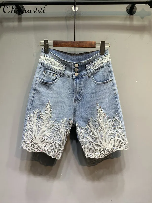 

Original European 2023 Summer New Colorful Beading Embroidery Lace Half Denim Shorts Women's Washed Straight-Leg Pants Tide