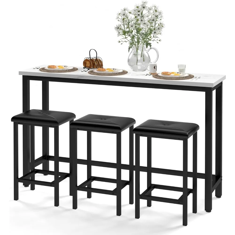 Bar Table Set for 3, 60.2” Faux Marble Behind Couch Table Set, Modern Sofa Table with 3 Upholstered PU Stools, Space-Saving Bar