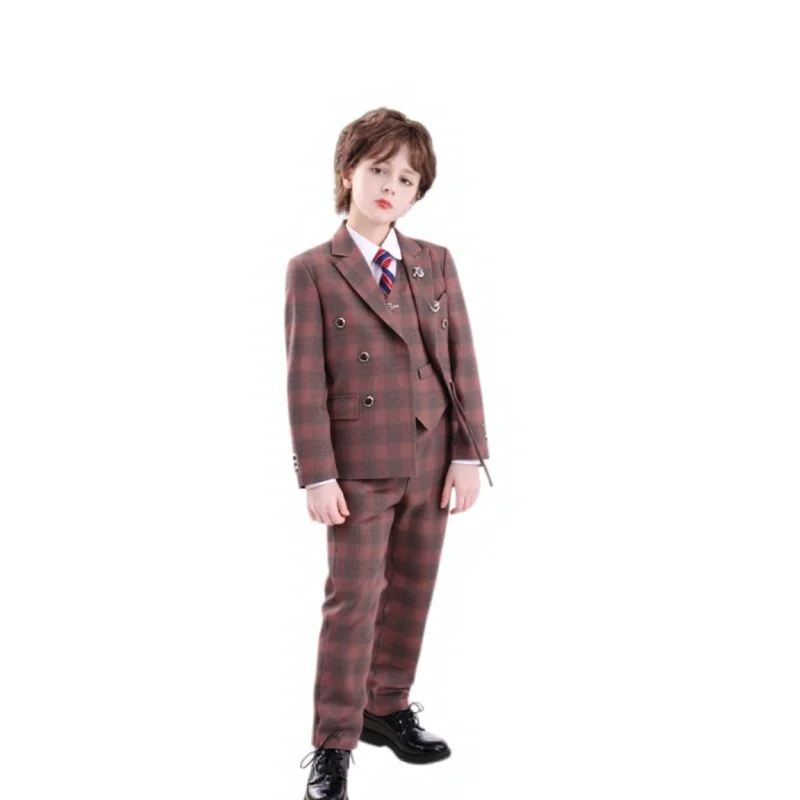 

Kids Red Plaid 5Pieces Suit Set With Blazer Vest Pants Tie Brooch Flower Boys Wedding Dress Children's Performance Costume