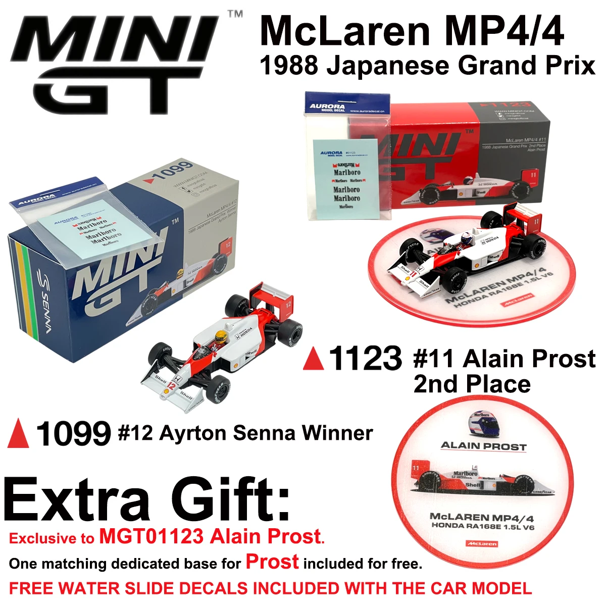 MiniGT 1099 / MiniGT 1123 1:64 1988 Japanese Grand Prix 12# Ayrton Senna #11 Alain Prost F1 McLaren MP4/4 Diecast Car Model
