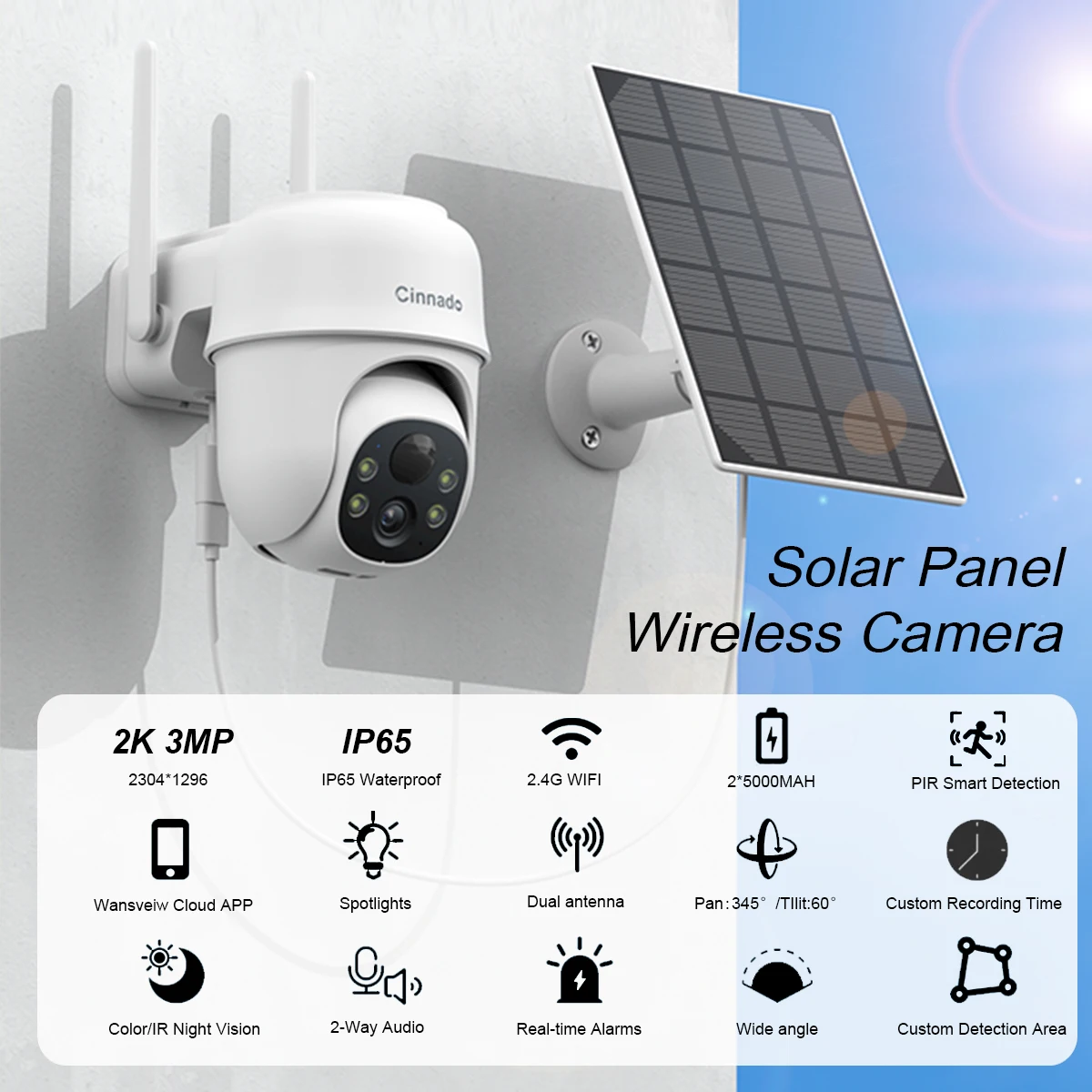 3MP Wireless Security Camera Outdoor WiFi Solar Battery Powered Camera Pan/Tilt Rotate Surveillance Camera Home Protection 2.4G