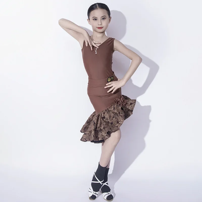 

2024 New Children's Latin Dance Suit Summer Sleeveless Practice Clothes Women's Big Skirt Set Performance Costume Dress