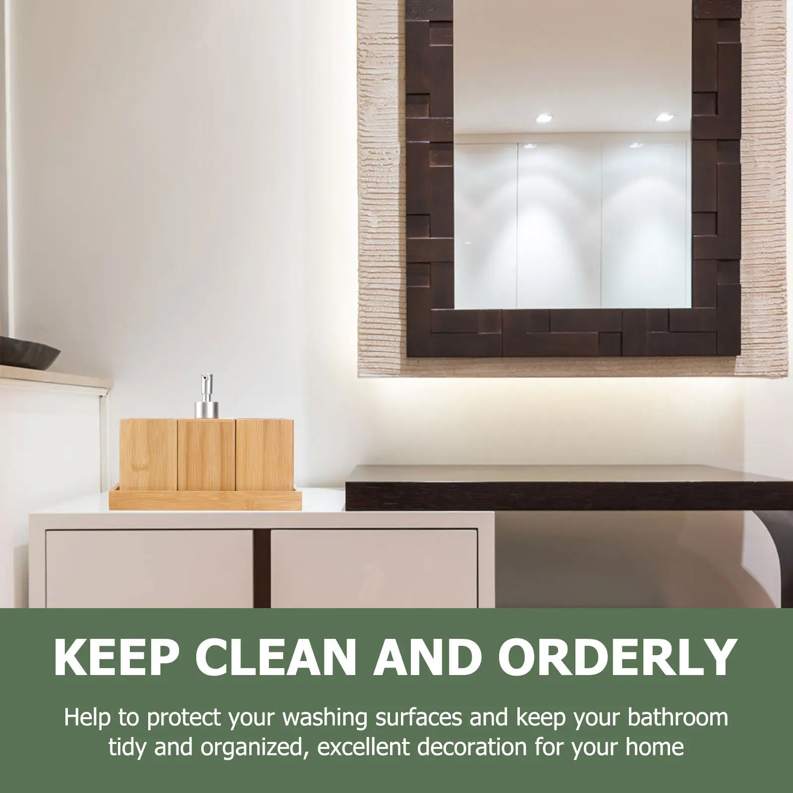 

Набор из 4 предметов для ванной комнаты из бамбукового дерева: держатель для зубных щеток с стаканом для организованного декора и упорядоченной организации пространства в ванной.