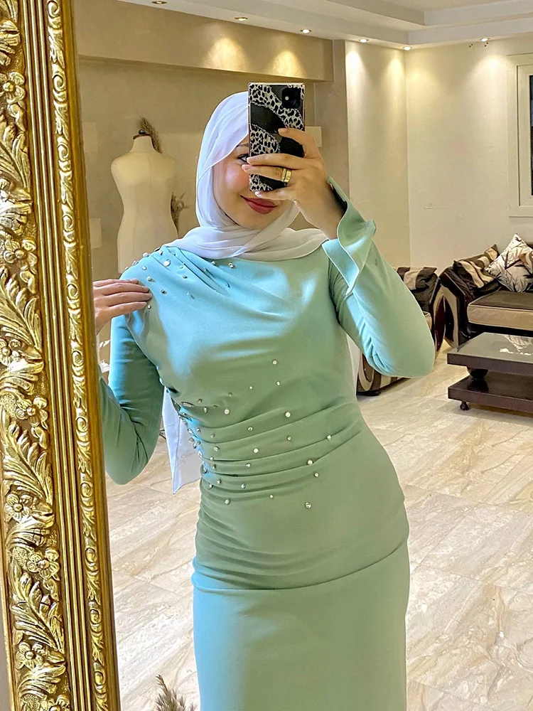 Jirocum Meerjungfrau muslimischen Ballkleid Frauen Langarm Party Abendkleid Rundhals Knöchel Satin 2024 neue formelle Anlass Kleider