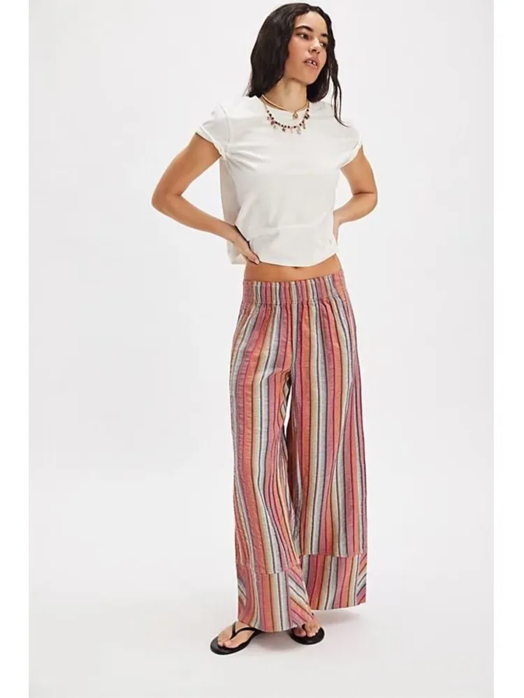 Woman's Fashion Color Striped Printed Pant Spring Versatile Elastic Waist Loose Trousers Ladies Autumn Hot Style Wide-leg Pants