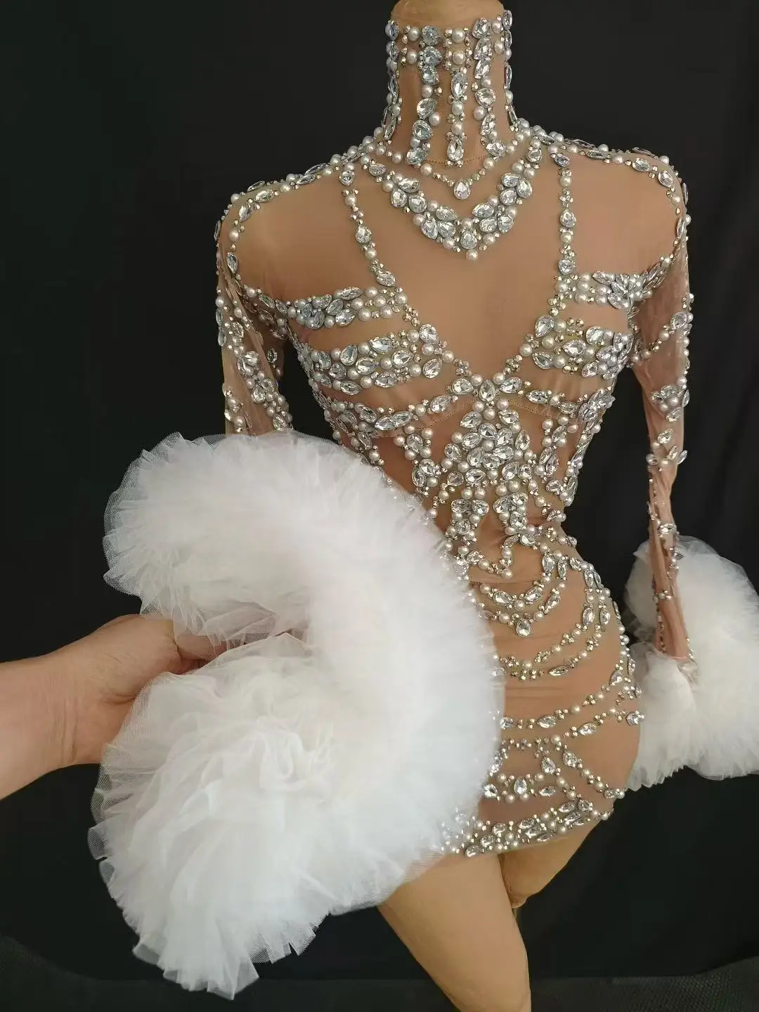 Sparkly Rhinestones Pearls Short Dress Women Sexy Transparent Birthday Celebrate Evening Dress Stage Wear Photoshoot Costume