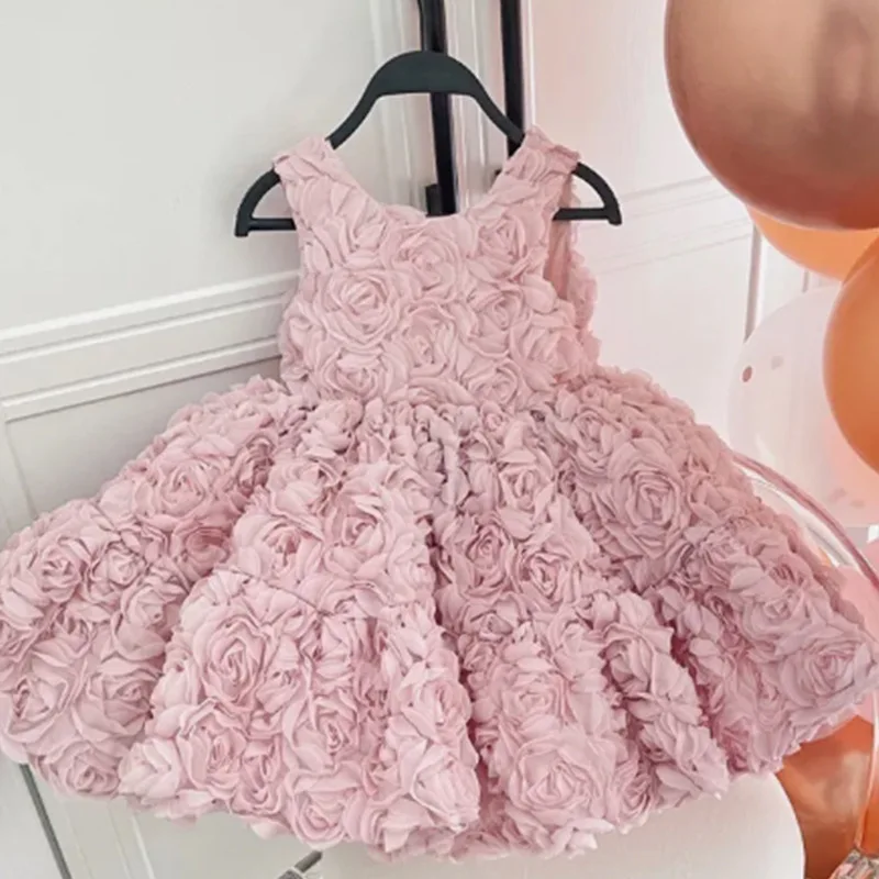 

2024 New Girls Pink Dress Rose Children's Dress Summer 6.8 10 Birthday Party Gorgeous Fluffy Children's Wedding Dress