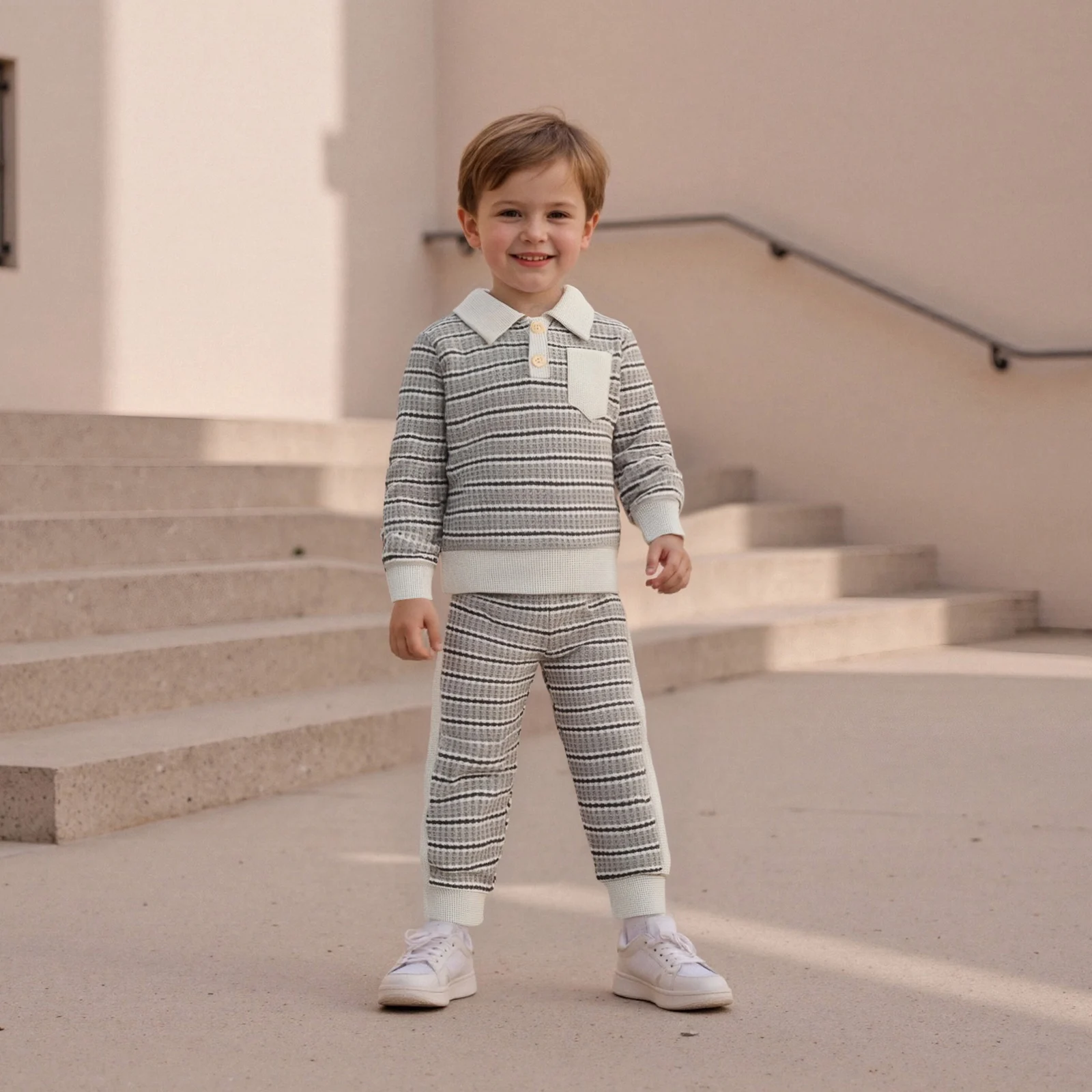 

Осенняя одежда для малышей, осенняя одежда для мальчиков, полосатый пуловер с длинными рукавами и пуговицами с лацканами + штаны с эластичной резинкой на талии, комплект из 2 предметов