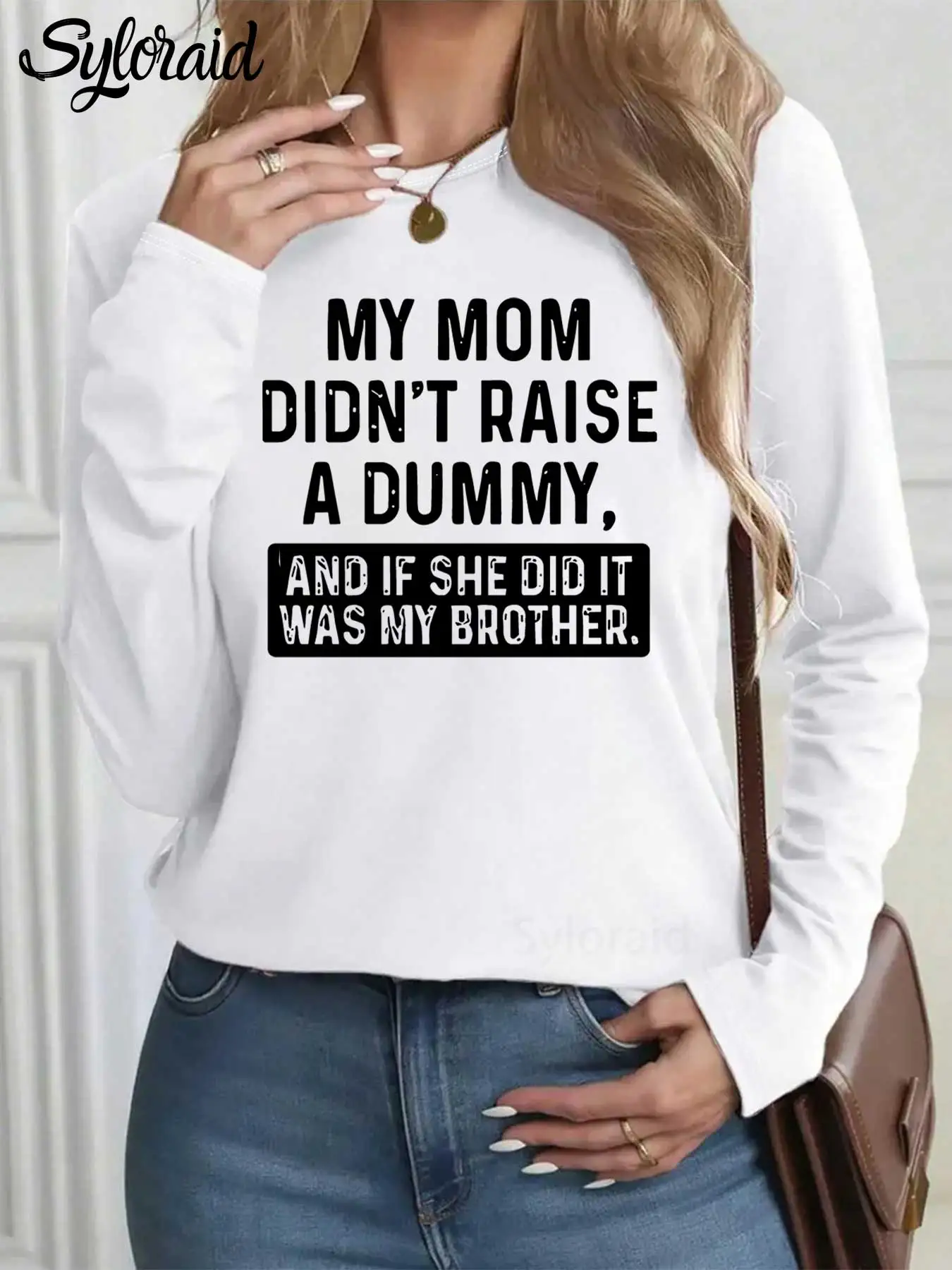 المرأة طويلة الأكمام تي شيرت أمي لم تربية الدمبل تي شيرت مضحك إقتباس قميص موضة الجولة الرقبة رداء علوي غير رسمي #1