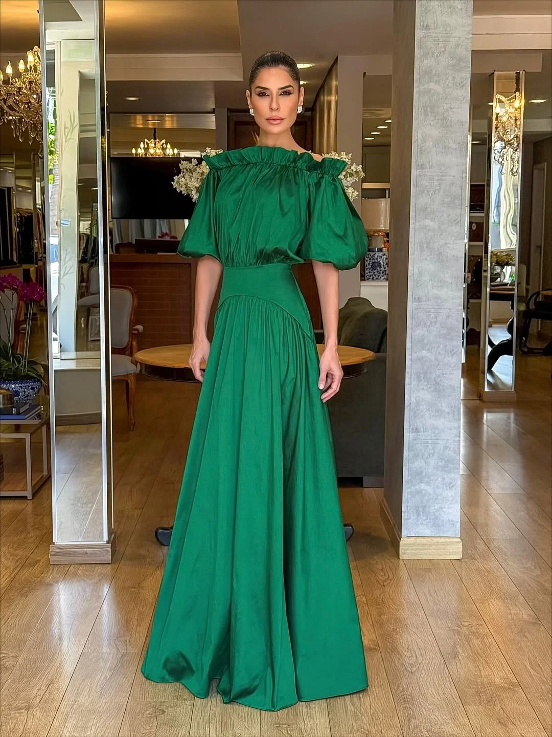 

Arabian Night Luxurious Women's Evening Dresses Prom Green Satin Gowns Vestidos Para Mujer فساتين حفلات الزفا