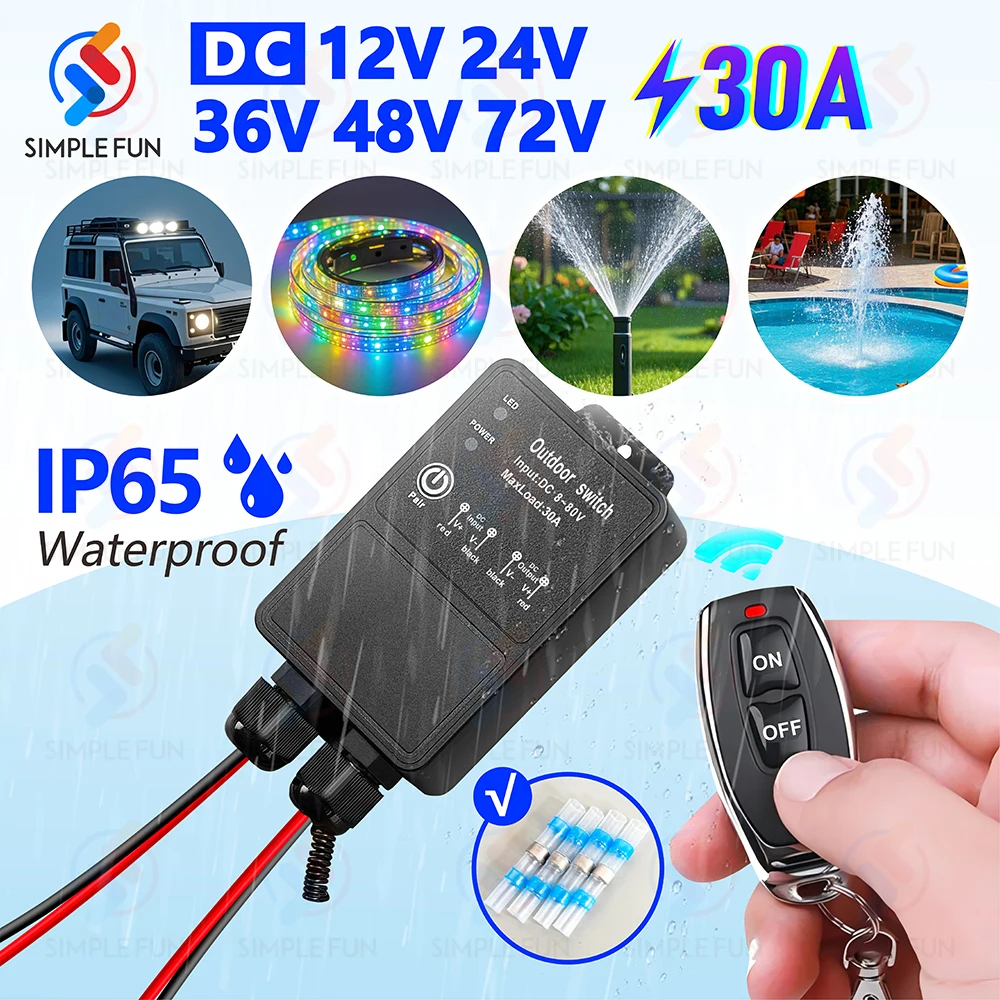 433Mhz Wireless Remote Control Switch DC 12V 24V 36V 48V 72V Outdoor Waterproof 30A Relay Module 50m Control Range for LED Pump