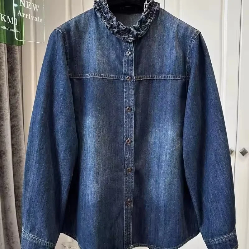 

Новая высококачественная джинсовая рубашка для женщин: модная, с длинным рукавом, на пуговицах, с круглым вырезом, элегантная, шикарная, повседневная блузка для весны и осени