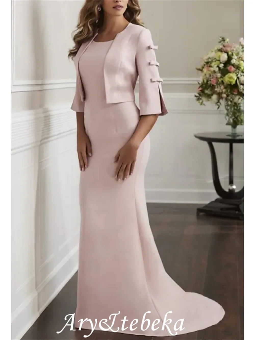 

Sheath / Column Mother of the Bride Dress Elegant & Luxurious Jewel Neck Sweep / Brush Train Satin 3/4 Length Sleeve with Bow(s)