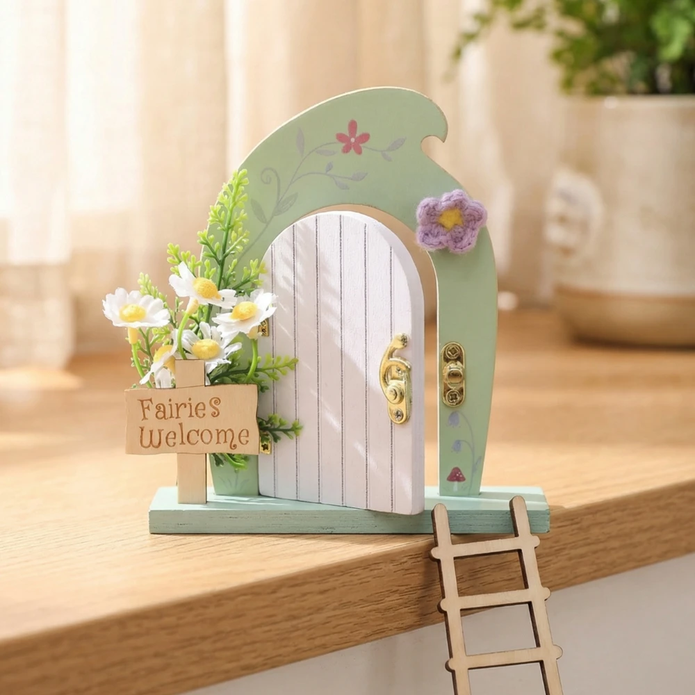 Dollhouse Mini Home Decorations Wood Fairy Elf Door Enchanted Miniature Fairy Door With Ladder Desk and Balcony Decorative Toys