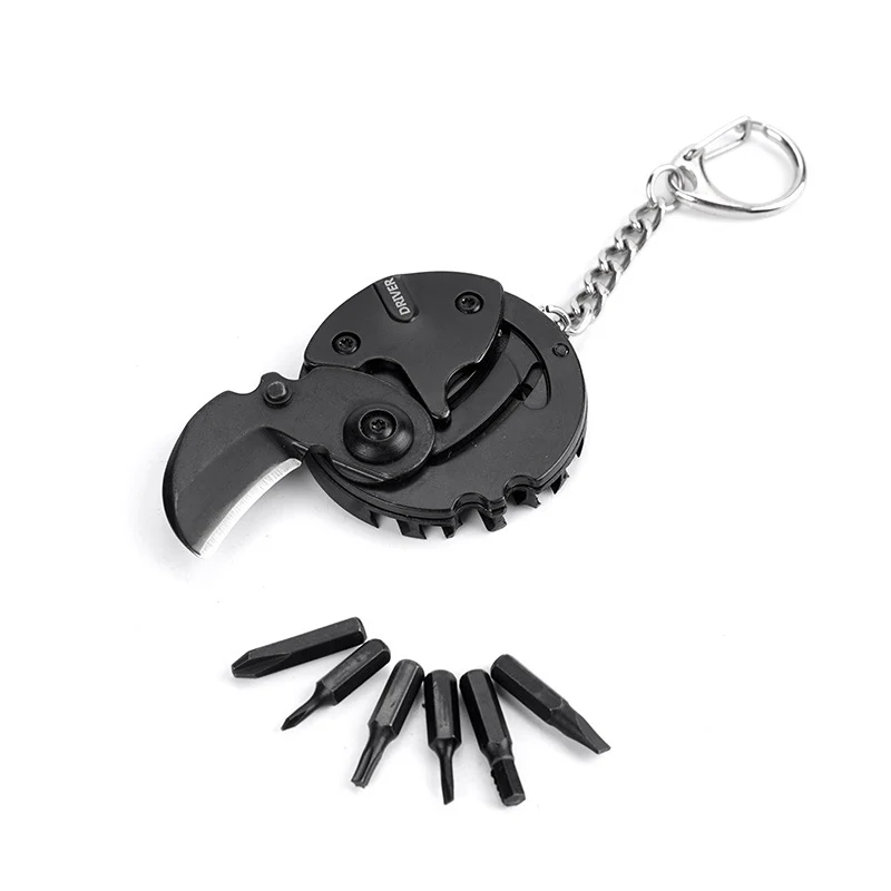 Multifunctional Screwdriver Coin Driver Black Mini Pocket Keychain Gadget Portable Tool Small Hand Knife with Bits for Travel