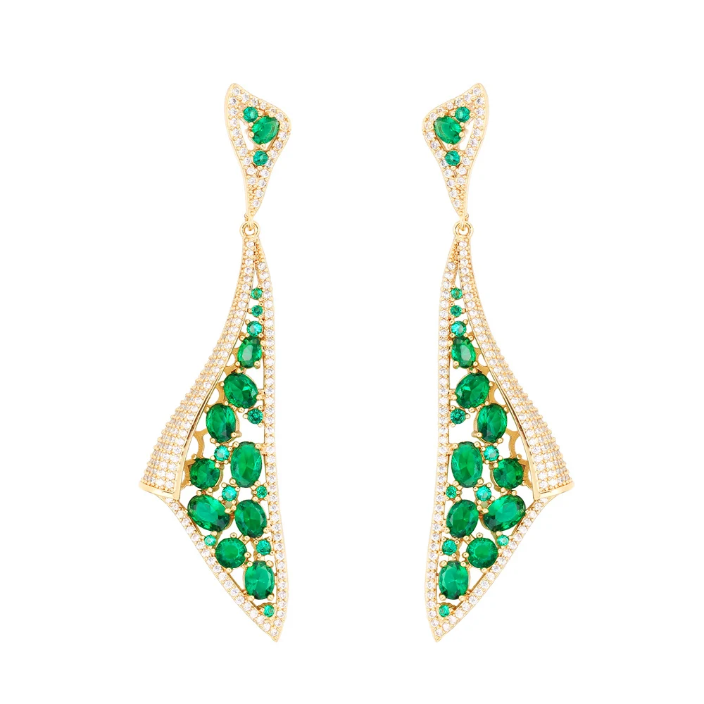 CWWZircons Symmetrical Creative Brazilian Gold Plated Green Cubic Zircon Long Dangle Pageant Earrings for Women Party Wear CZ514