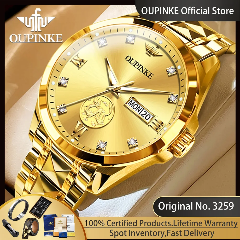 OUPINKE 3259 Real Gold Dragon Automatic Men's Watches Dual Calendar Luxury Business Mechanical Wristwatch Top Original Man Watch