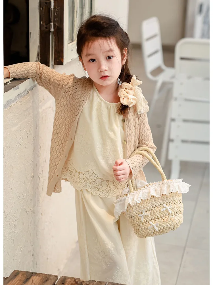 Lace Straw Children's Beach Purse Handbags Sweet Bowknot Baby Girls Shoulder Bags Cute Woven Kids Summer Tote Travel Basket Bag