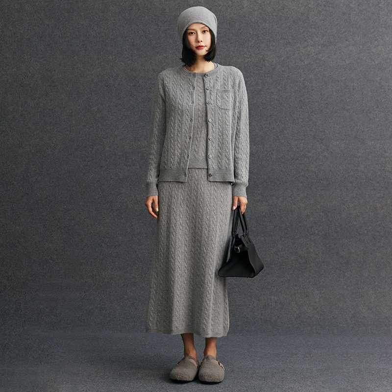 Women's Matching Set 100% Cashmere Round Neck Cardigan Casual Knit Short Sleeved Loose High Waisted Long Skirt Three Piece Set view 3