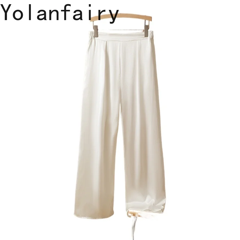 

YOLANFAIRY Light Luxury Real Silk Crepe Satin Pants Woman 100% Mulberry Silk Wide Leg Pants Suit Trousers Casual White Pants