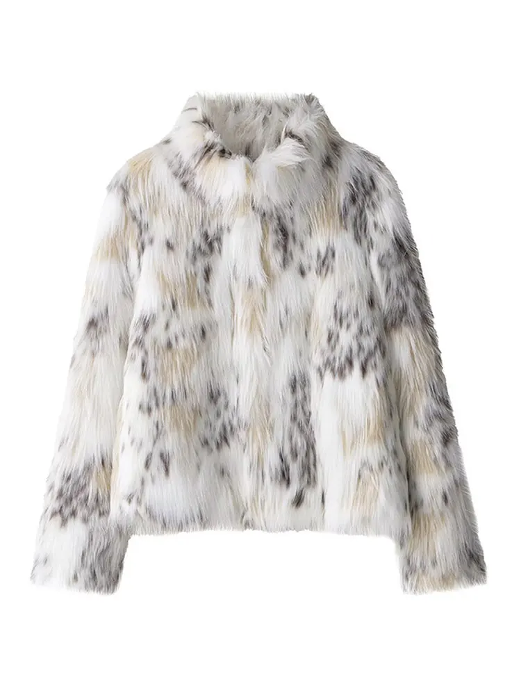

Elegant Animal-print Faux Fur Jacket Women Casual Stand Collar Contrast Warm Lady Coat 2025 Autumn Winter Fashion Female Outwear