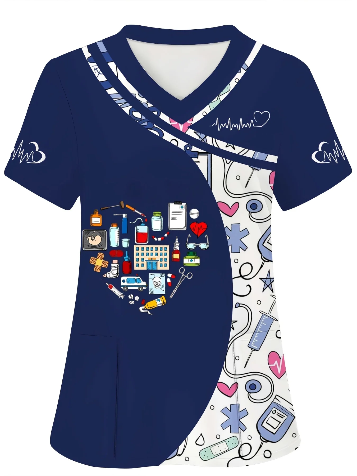 Women's Heartbeat Lifeline Scrub Top Clinical Uniform Woman Print Scrub Tops Beauty Salon Work Clothes Workwear Tee