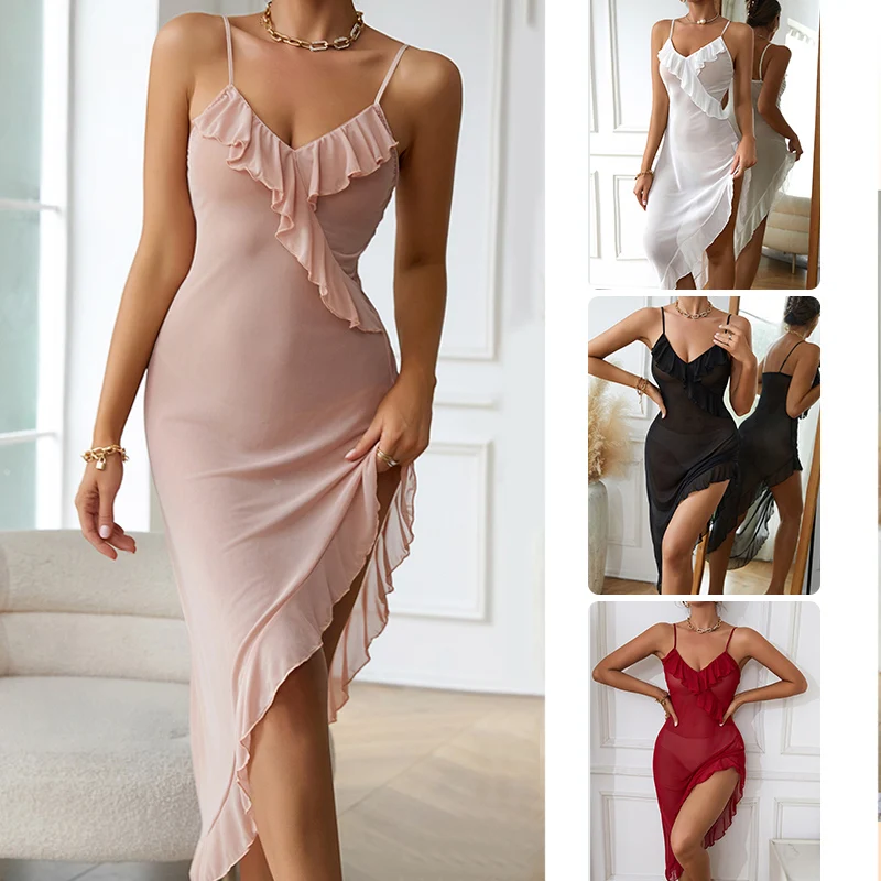 

Sexy Nightwear Women V-Neck Mesh Nightgowns Bride Robe Summer Pajama Slim Slip Night Dress Long Transparent Ruffles Sleepwear