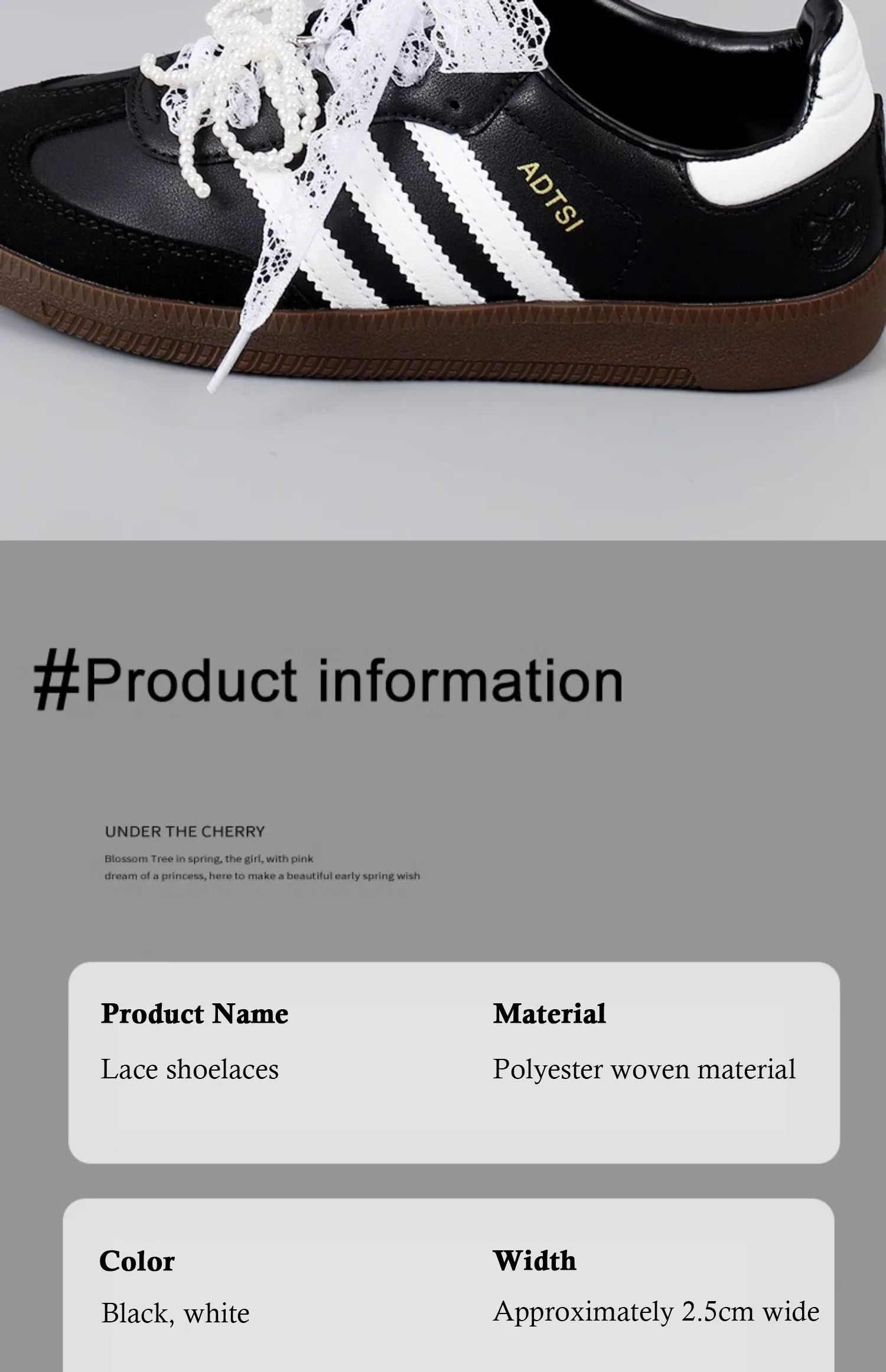 Elegante Schnürsenkel aus Spitze für Damen-Freizeitschuhe, 2,9 cm breite, flache Schnürsenkel für Sneaker, schwarz-weiße Schuhbänder, Accessoires. – Detail 15