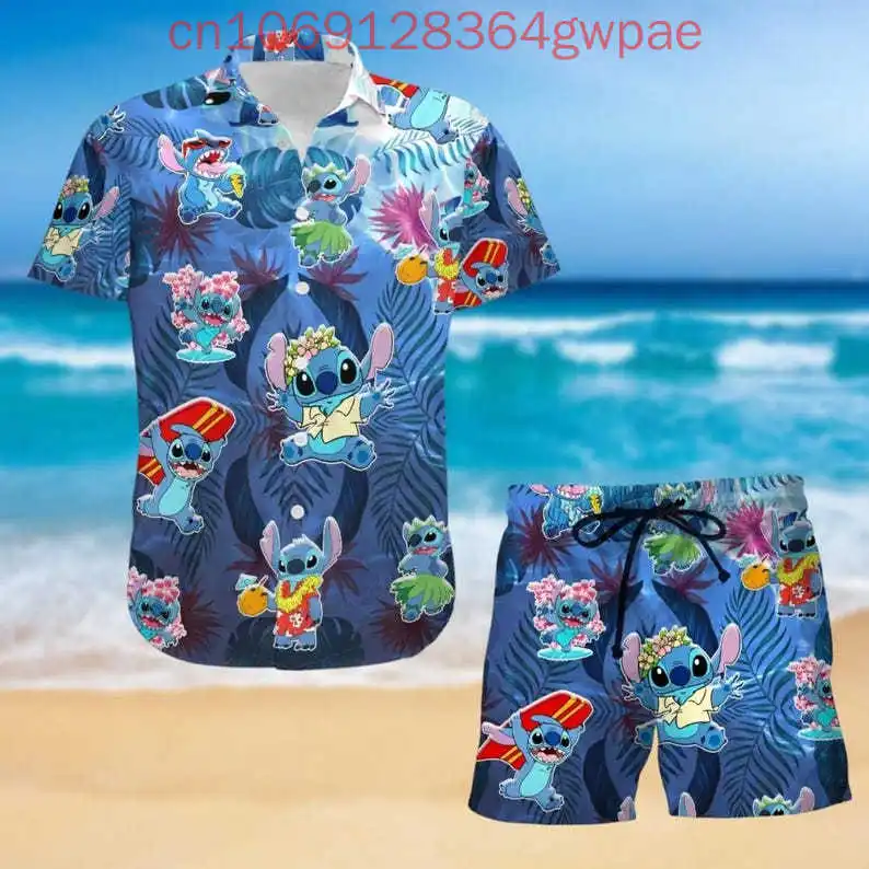 

Disney Stitch Men Women Button Shirt Set Stitch Summer Short Lucky Irish Hawaiian Beach Casual Shirt and Shorts Set