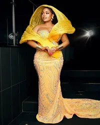 2024 Plus Size Mermaid Yellow Prom Dresses Stylish Sequined Evening Formal Party Second Engagement Birthday Gowns Dress Z25